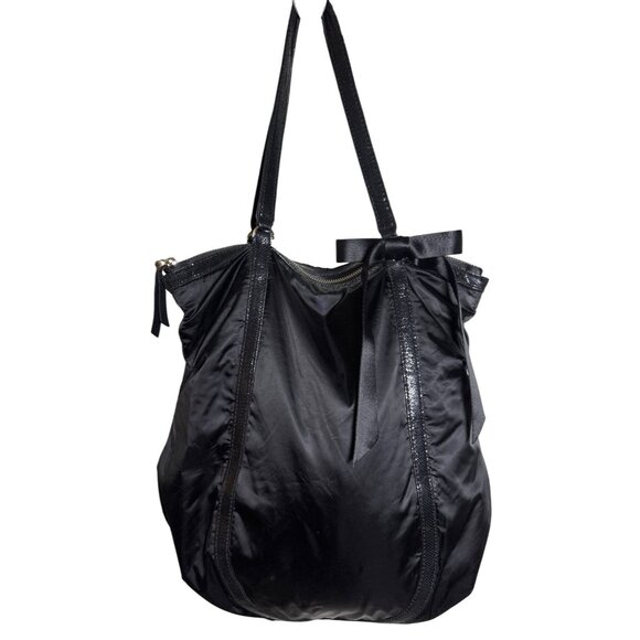 henri bendel Handbags - Henri Bendel Black Nylon Leather Tote Handbag Purse Striped Interior Zipper
